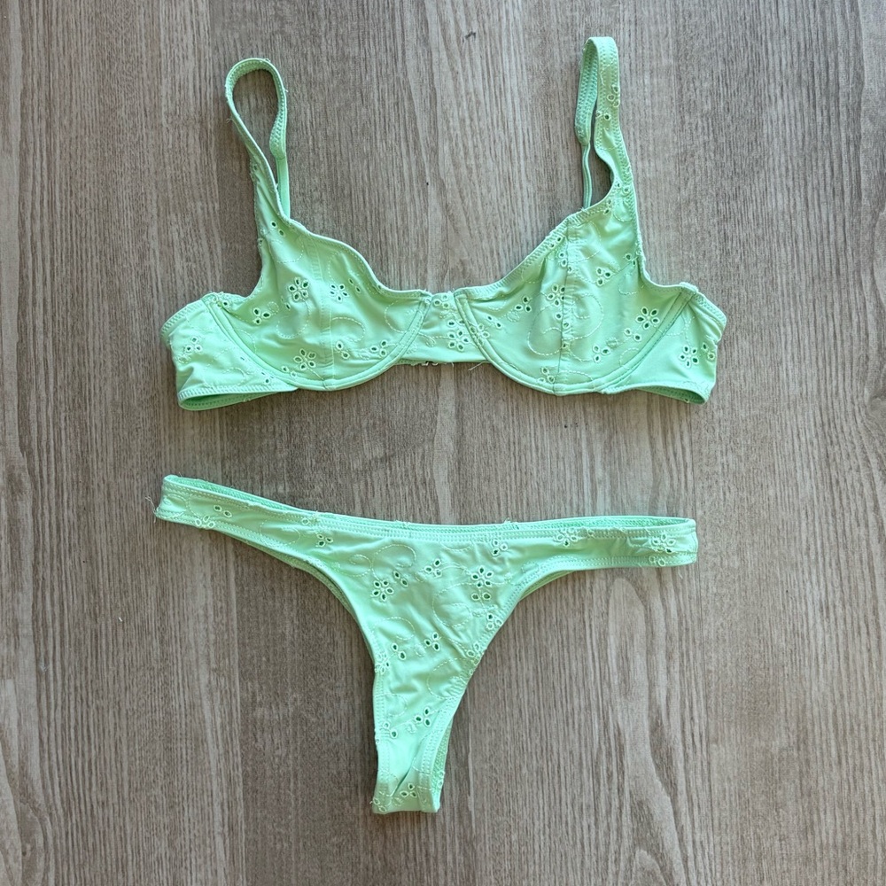 Frankie’s Bikinis green eyelet thong bikini